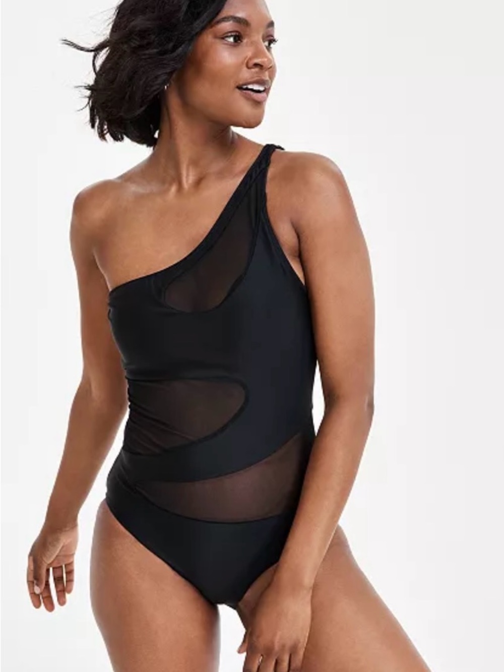 Bar III Black One-Shoulder Mesh-Panel Swimsuit
